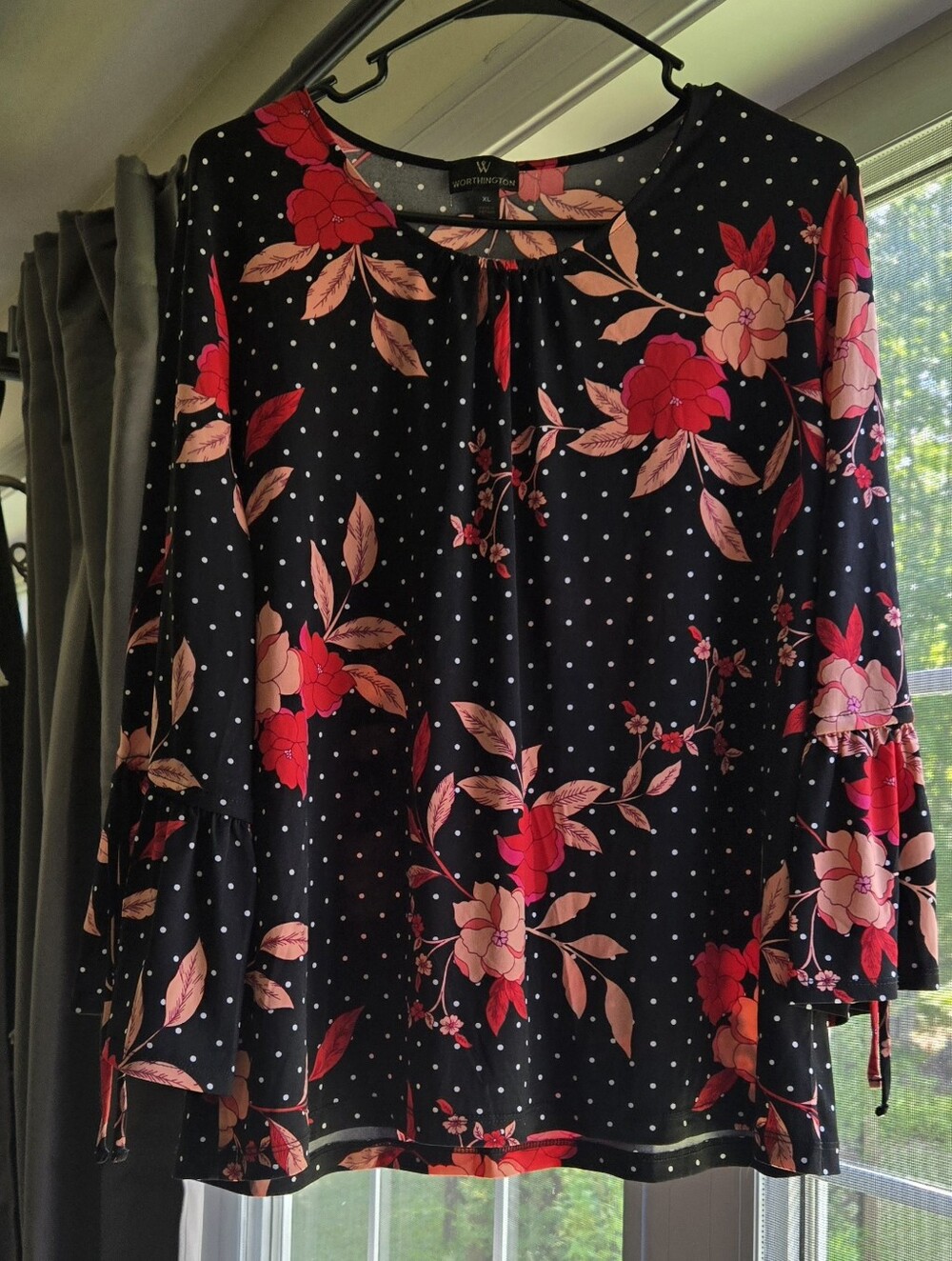 Worthington Black Blouse with Pink & Red Floral Print